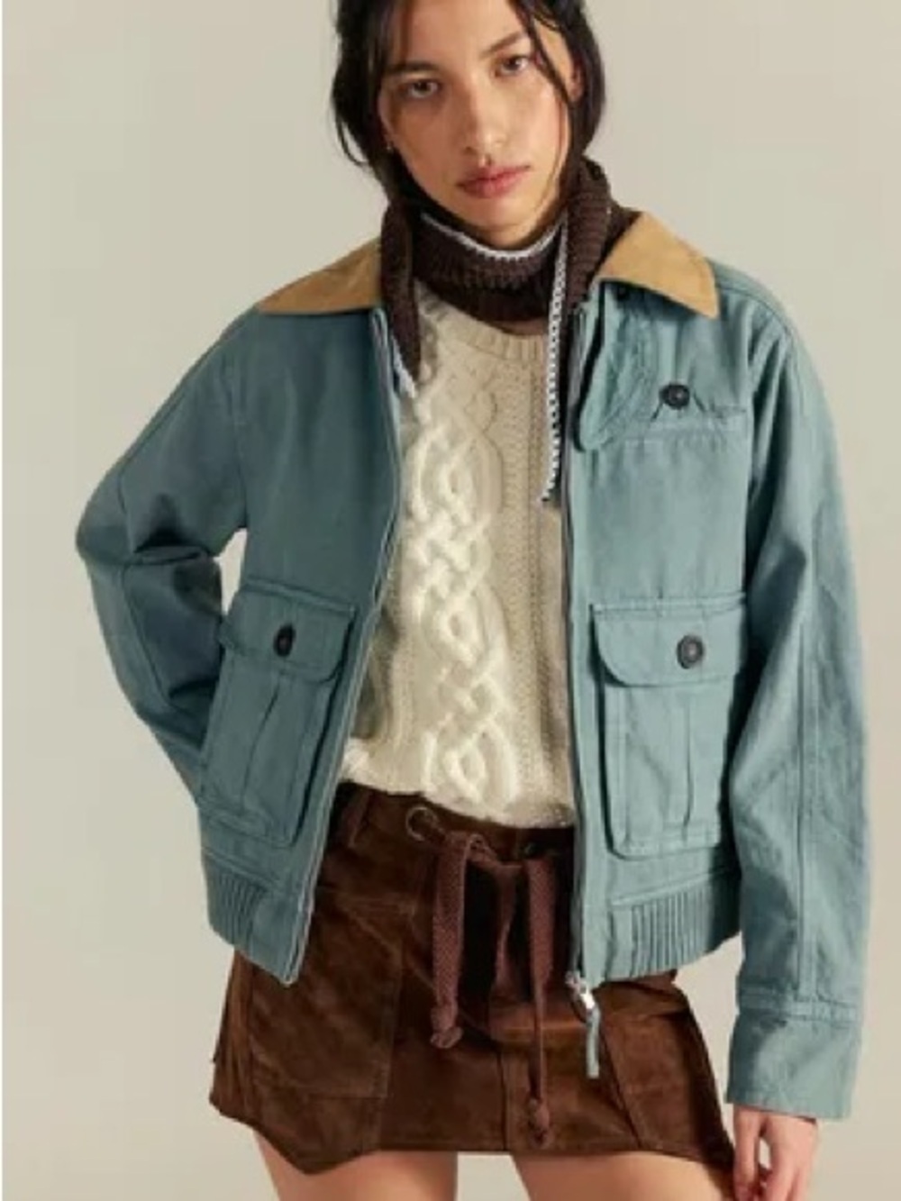 NWT new medium Free People Harley utility jacket Corduroy Collar sky blue tan